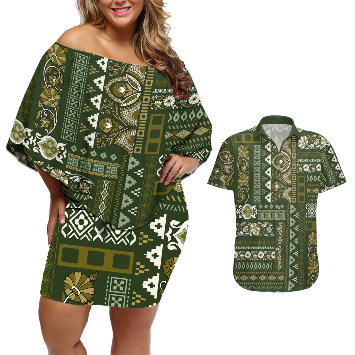 Persian Patchwork Pattern Couples Matching Off Shoulder Short Dress and Hawaiian Shirt Unique Green - Wonder Print Shop