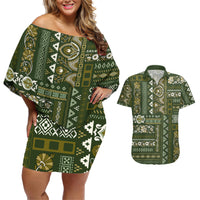 Persian Patchwork Pattern Couples Matching Off Shoulder Short Dress and Hawaiian Shirt Unique Green - Wonder Print Shop