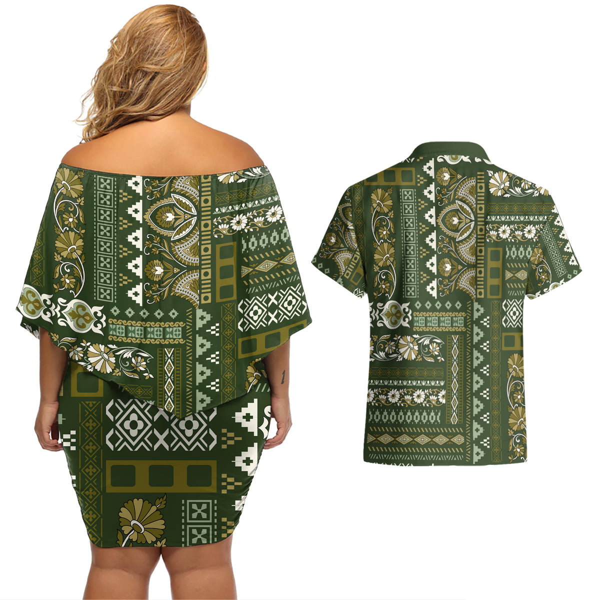 Persian Patchwork Pattern Couples Matching Off Shoulder Short Dress and Hawaiian Shirt Unique Green - Wonder Print Shop