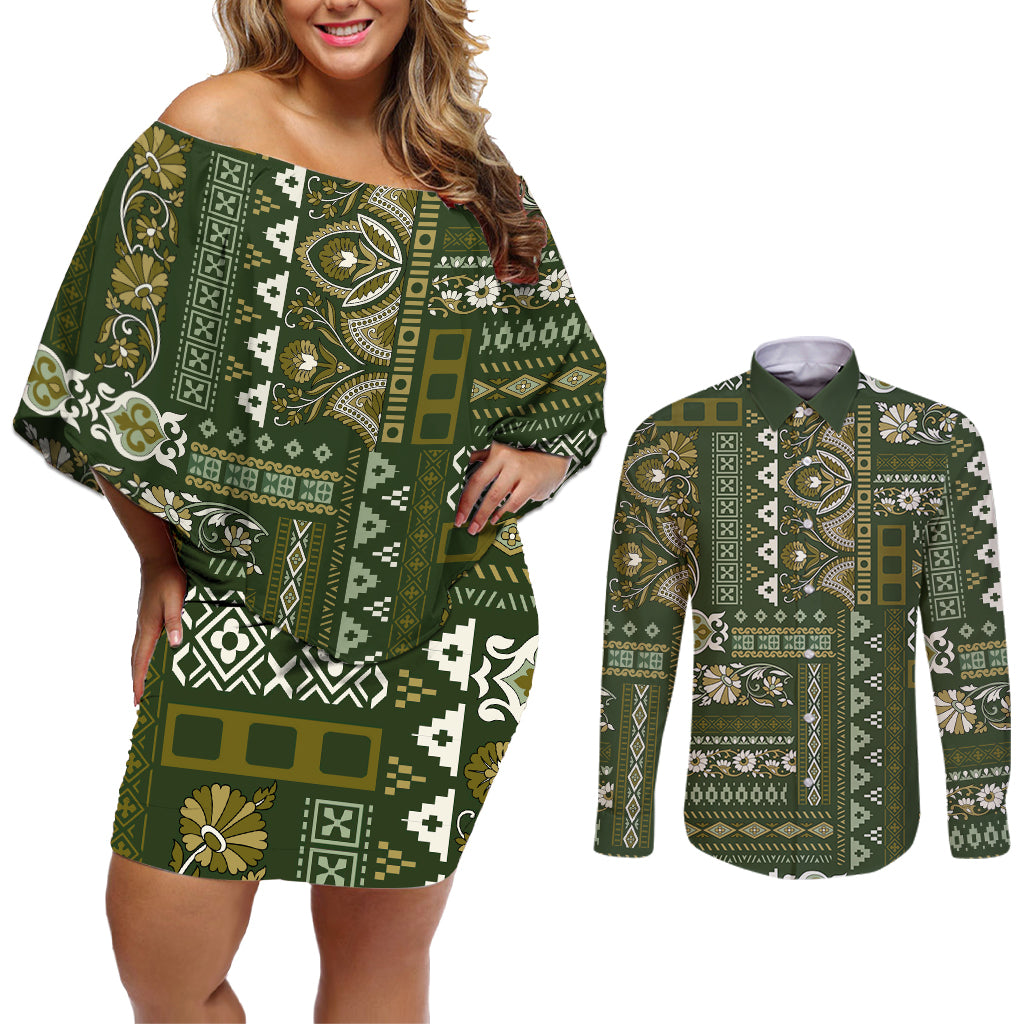 Persian Patchwork Pattern Couples Matching Off Shoulder Short Dress and Long Sleeve Button Shirt Unique Green - Wonder Print Shop