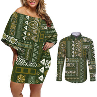 Persian Patchwork Pattern Couples Matching Off Shoulder Short Dress and Long Sleeve Button Shirt Unique Green - Wonder Print Shop