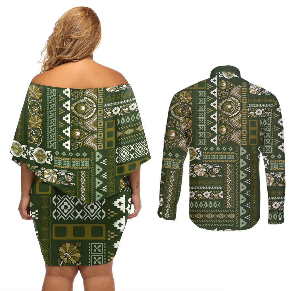 Persian Patchwork Pattern Couples Matching Off Shoulder Short Dress and Long Sleeve Button Shirt Unique Green - Wonder Print Shop
