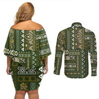 Persian Patchwork Pattern Couples Matching Off Shoulder Short Dress and Long Sleeve Button Shirt Unique Green - Wonder Print Shop