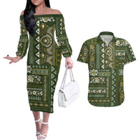 Persian Patchwork Pattern Couples Matching Off The Shoulder Long Sleeve Dress and Hawaiian Shirt Unique Green - Wonder Print Shop