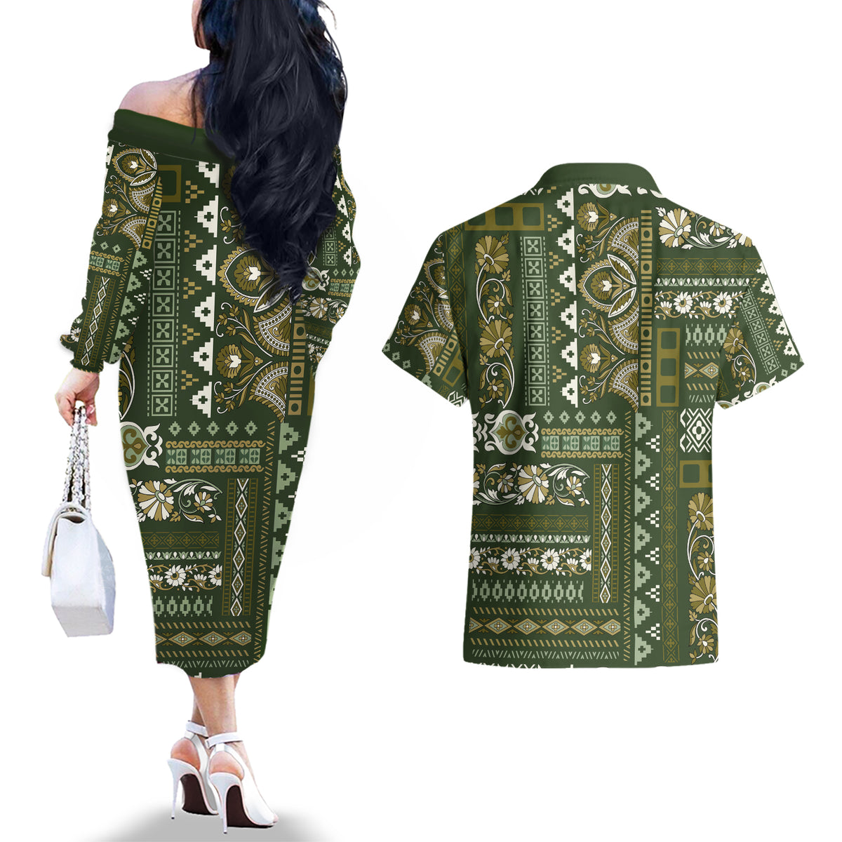 Persian Patchwork Pattern Couples Matching Off The Shoulder Long Sleeve Dress and Hawaiian Shirt Unique Green - Wonder Print Shop
