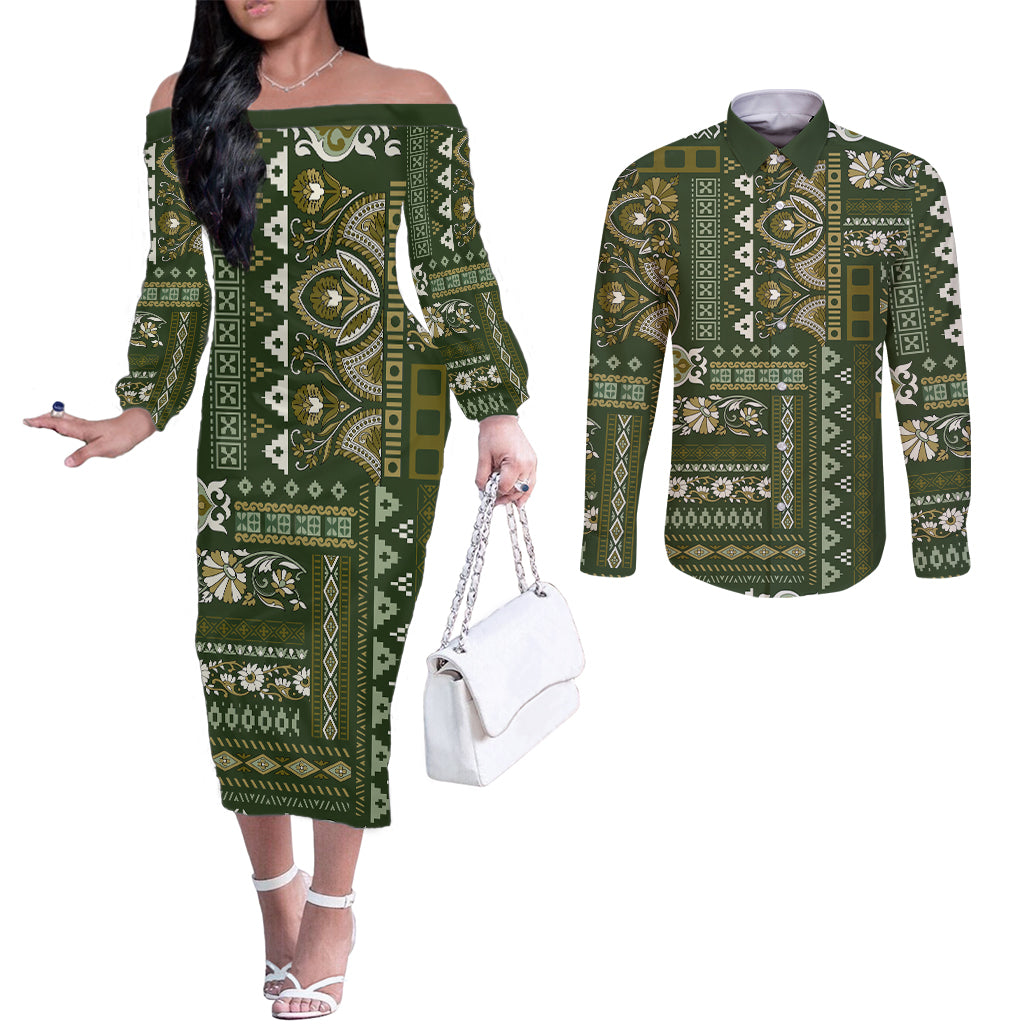 Persian Patchwork Pattern Couples Matching Off The Shoulder Long Sleeve Dress and Long Sleeve Button Shirt Unique Green