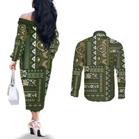Persian Patchwork Pattern Couples Matching Off The Shoulder Long Sleeve Dress and Long Sleeve Button Shirt Unique Green