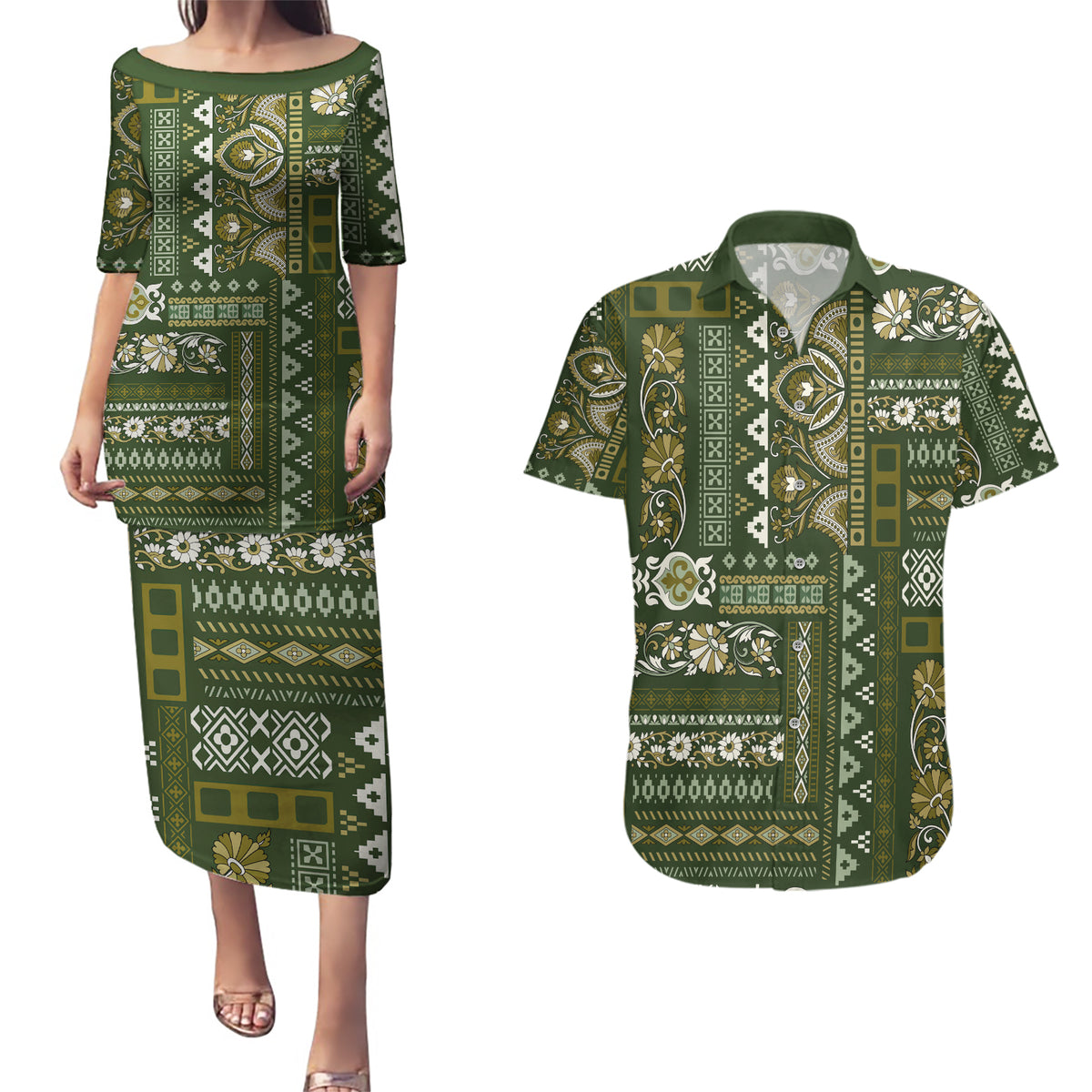 Persian Patchwork Pattern Couples Matching Puletasi and Hawaiian Shirt Unique Green - Wonder Print Shop