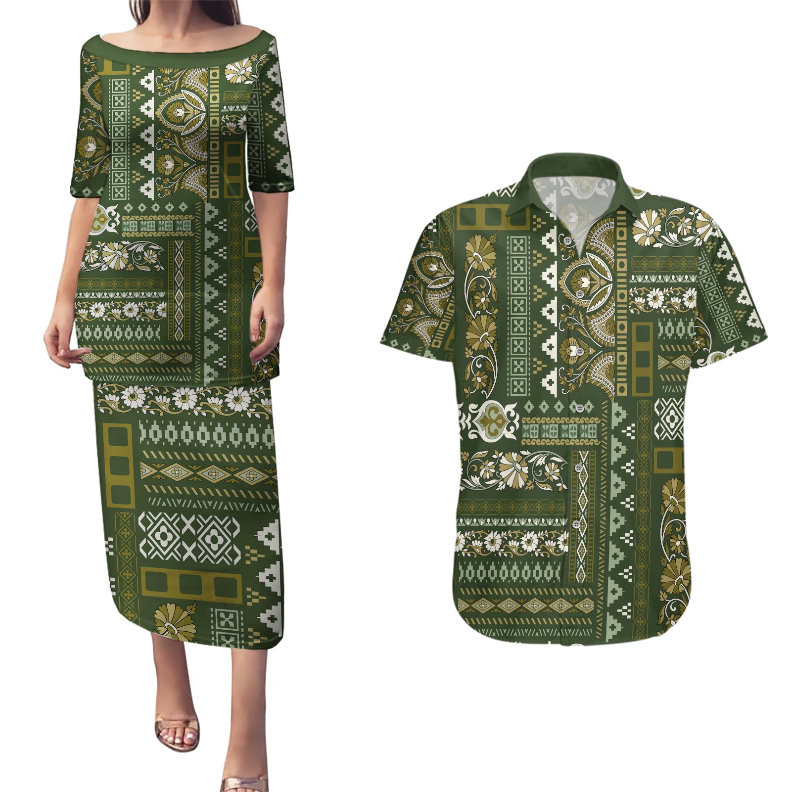 Persian Patchwork Pattern Couples Matching Puletasi and Hawaiian Shirt Unique Green - Wonder Print Shop