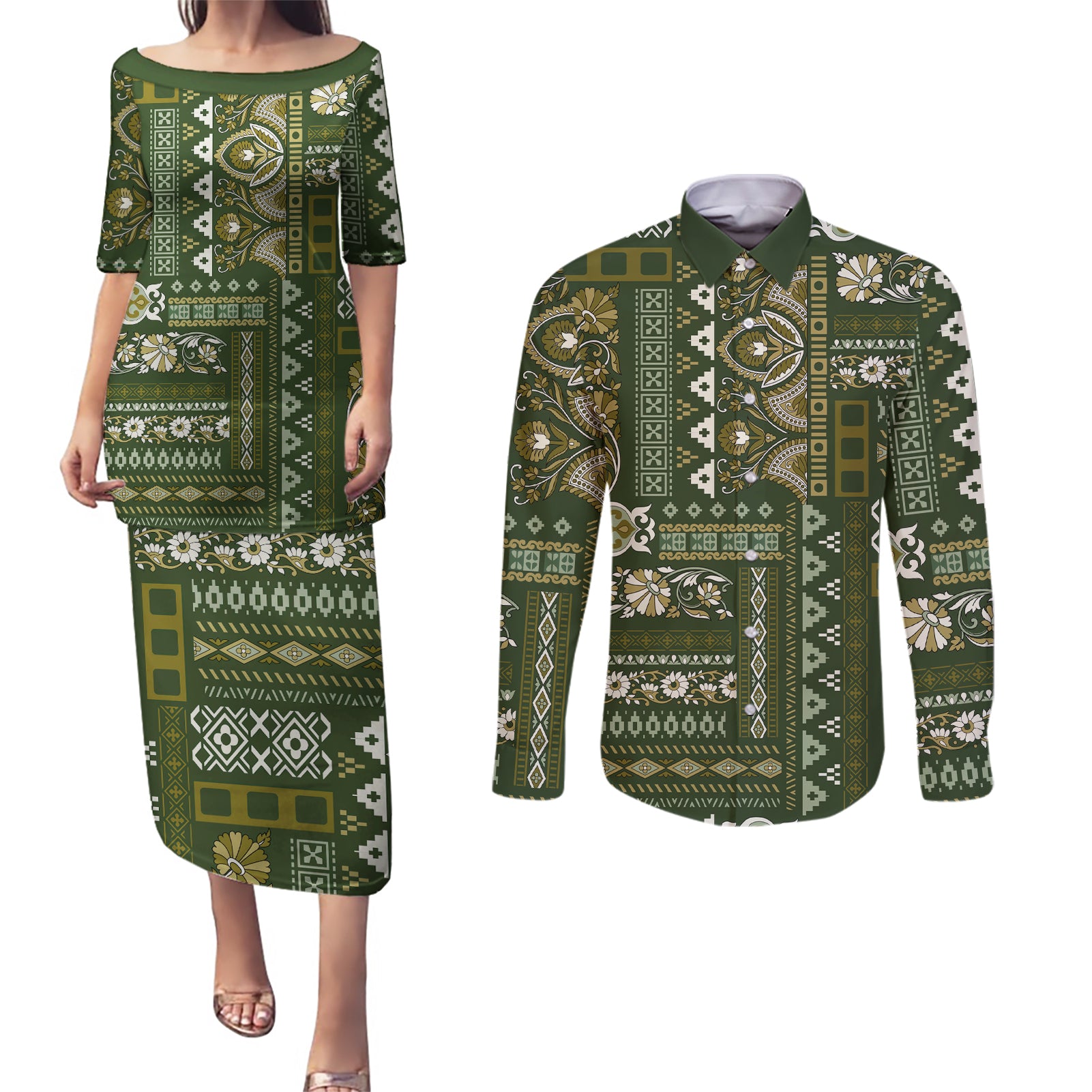 Persian Patchwork Pattern Couples Matching Puletasi and Long Sleeve Button Shirt Unique Green - Wonder Print Shop