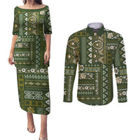 Persian Patchwork Pattern Couples Matching Puletasi and Long Sleeve Button Shirt Unique Green - Wonder Print Shop