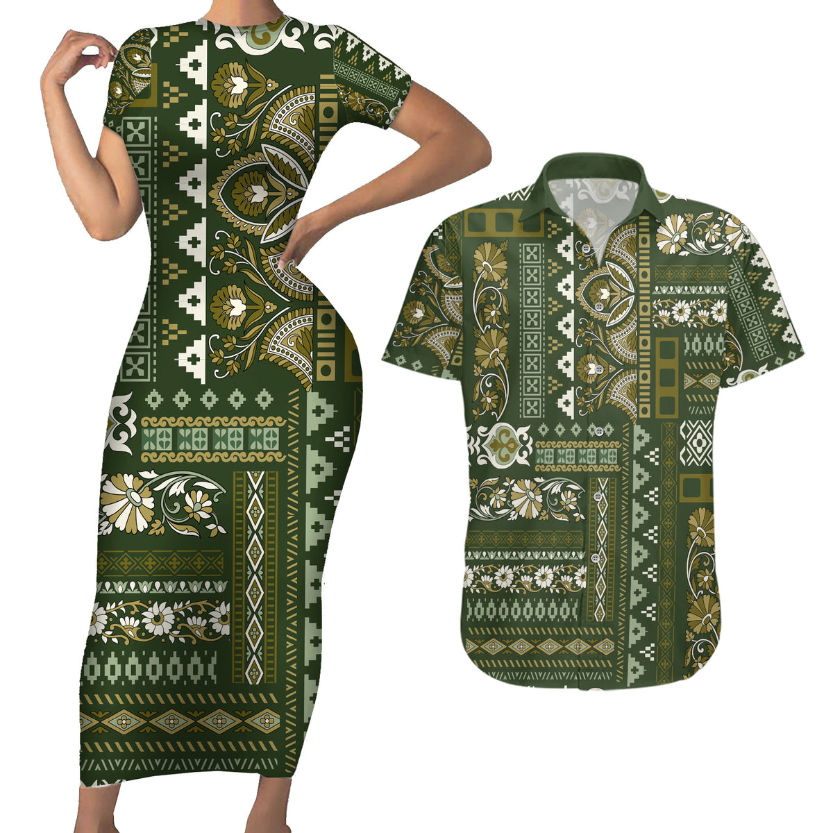 Persian Patchwork Pattern Couples Matching Short Sleeve Bodycon Dress and Hawaiian Shirt Unique Green - Wonder Print Shop