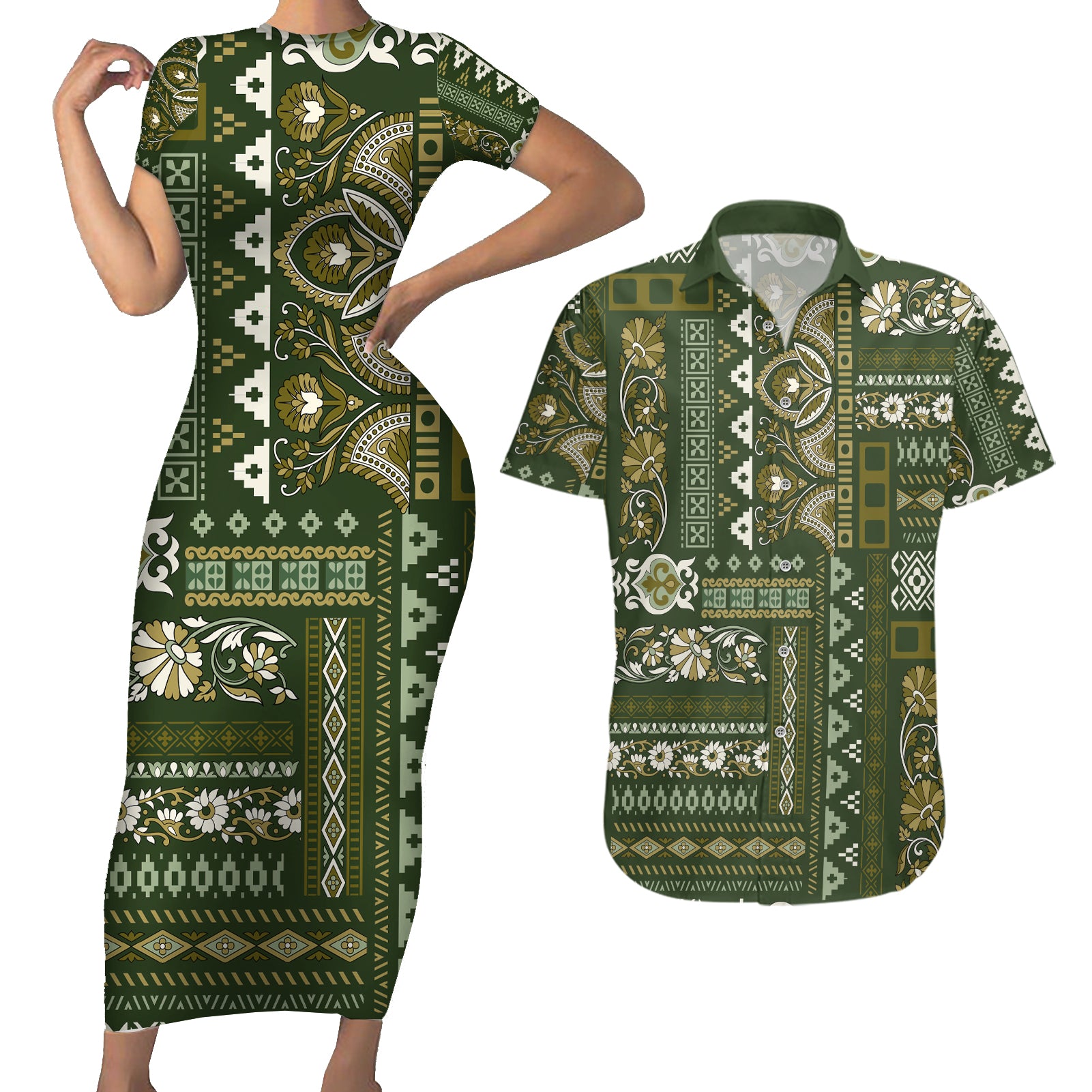 Persian Patchwork Pattern Couples Matching Short Sleeve Bodycon Dress and Hawaiian Shirt Unique Green - Wonder Print Shop