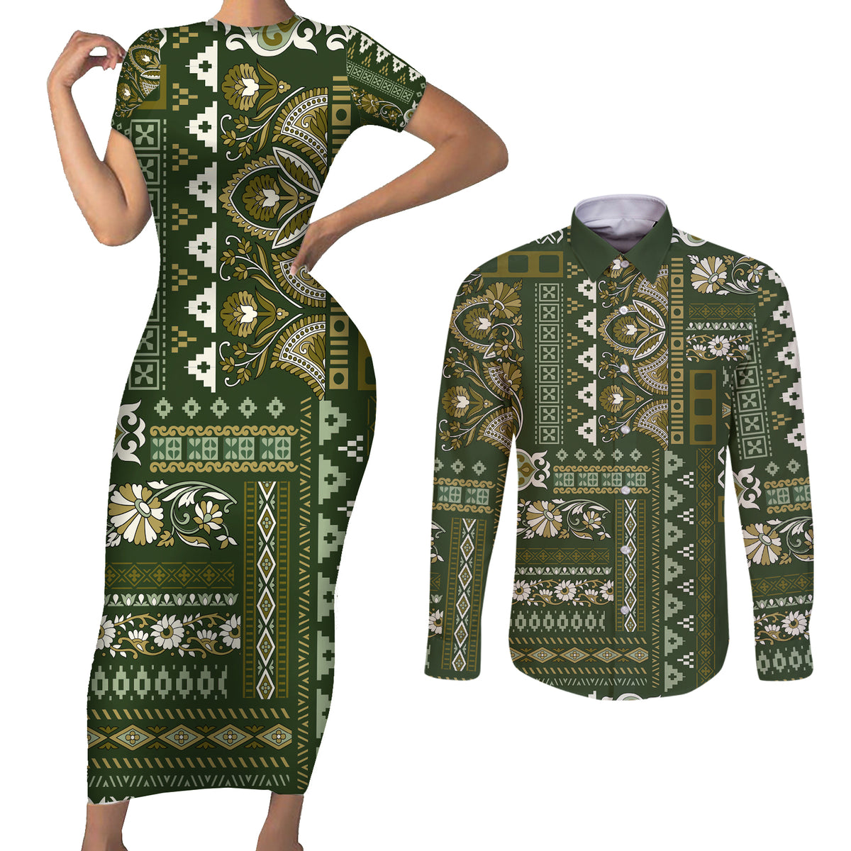 Persian Patchwork Pattern Couples Matching Short Sleeve Bodycon Dress and Long Sleeve Button Shirt Unique Green - Wonder Print Shop