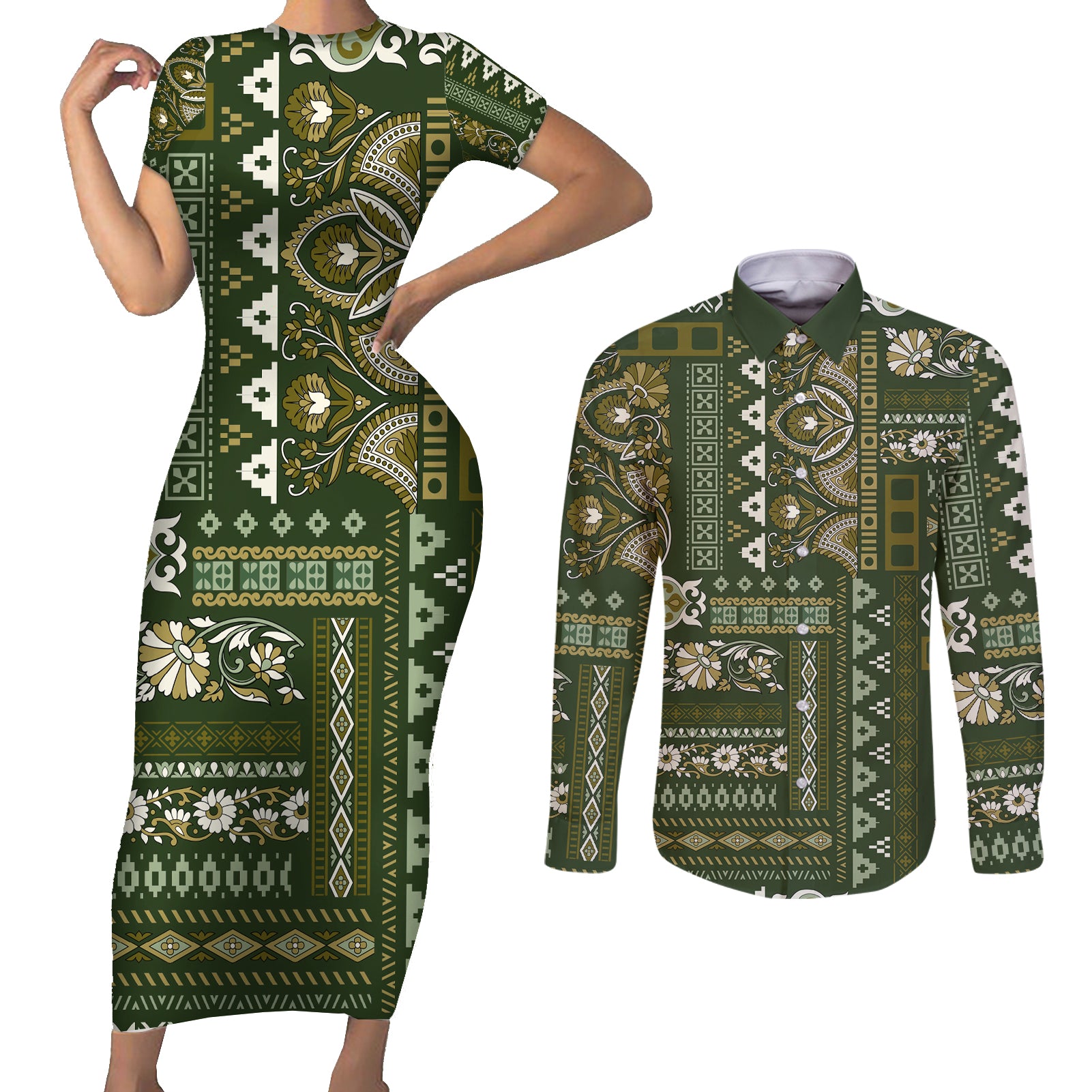 Persian Patchwork Pattern Couples Matching Short Sleeve Bodycon Dress and Long Sleeve Button Shirt Unique Green - Wonder Print Shop