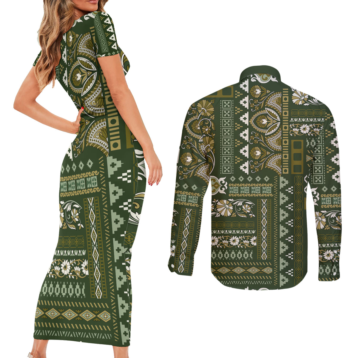 Persian Patchwork Pattern Couples Matching Short Sleeve Bodycon Dress and Long Sleeve Button Shirt Unique Green - Wonder Print Shop