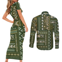 Persian Patchwork Pattern Couples Matching Short Sleeve Bodycon Dress and Long Sleeve Button Shirt Unique Green - Wonder Print Shop
