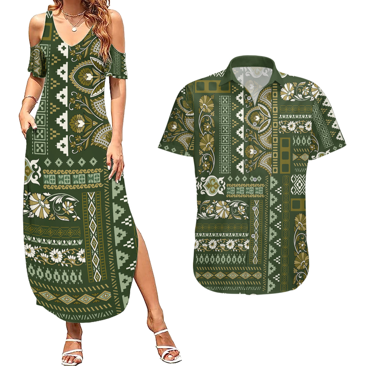 Persian Patchwork Pattern Couples Matching Summer Maxi Dress and Hawaiian Shirt Unique Green - Wonder Print Shop