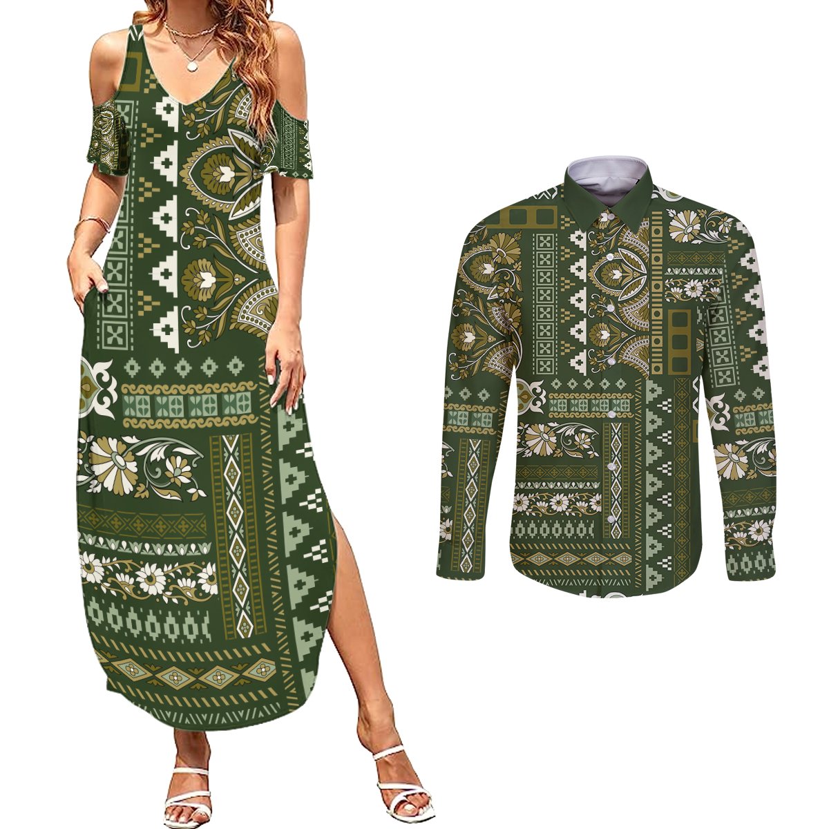 Persian Patchwork Pattern Couples Matching Summer Maxi Dress and Long Sleeve Button Shirt Unique Green - Wonder Print Shop