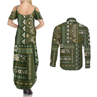 Persian Patchwork Pattern Couples Matching Summer Maxi Dress and Long Sleeve Button Shirt Unique Green - Wonder Print Shop