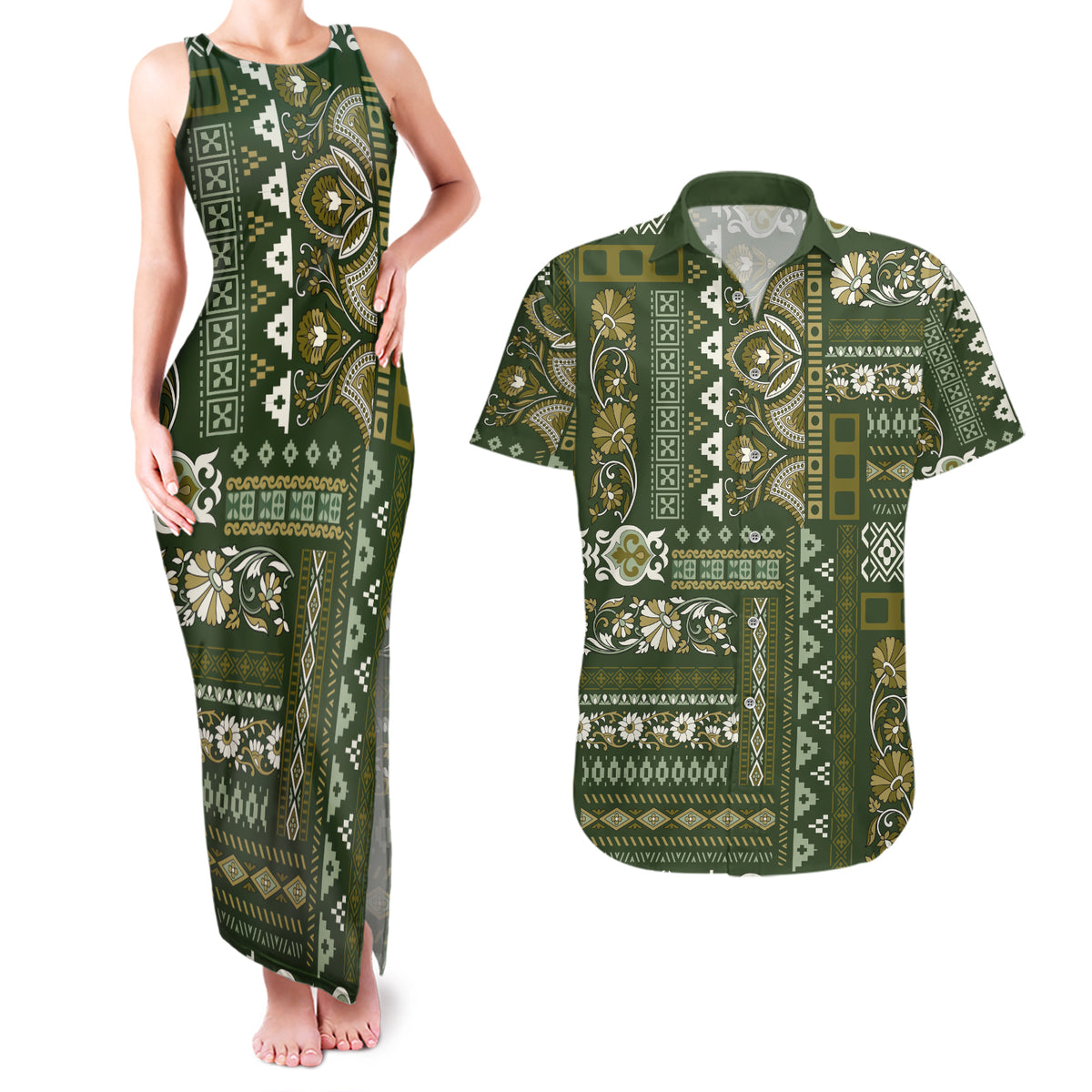 Persian Patchwork Pattern Couples Matching Tank Maxi Dress and Hawaiian Shirt Unique Green - Wonder Print Shop