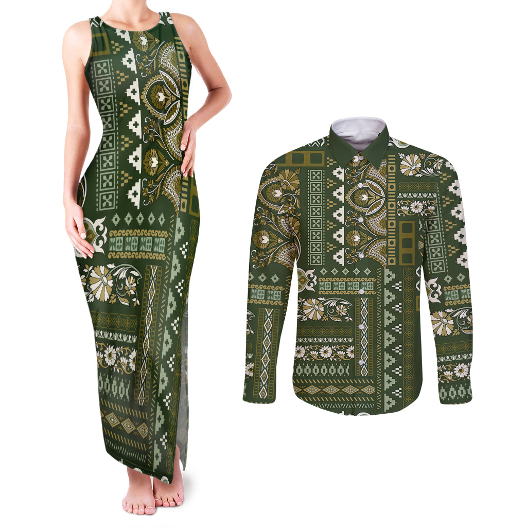 Persian Patchwork Pattern Couples Matching Tank Maxi Dress and Long Sleeve Button Shirt Unique Green - Wonder Print Shop