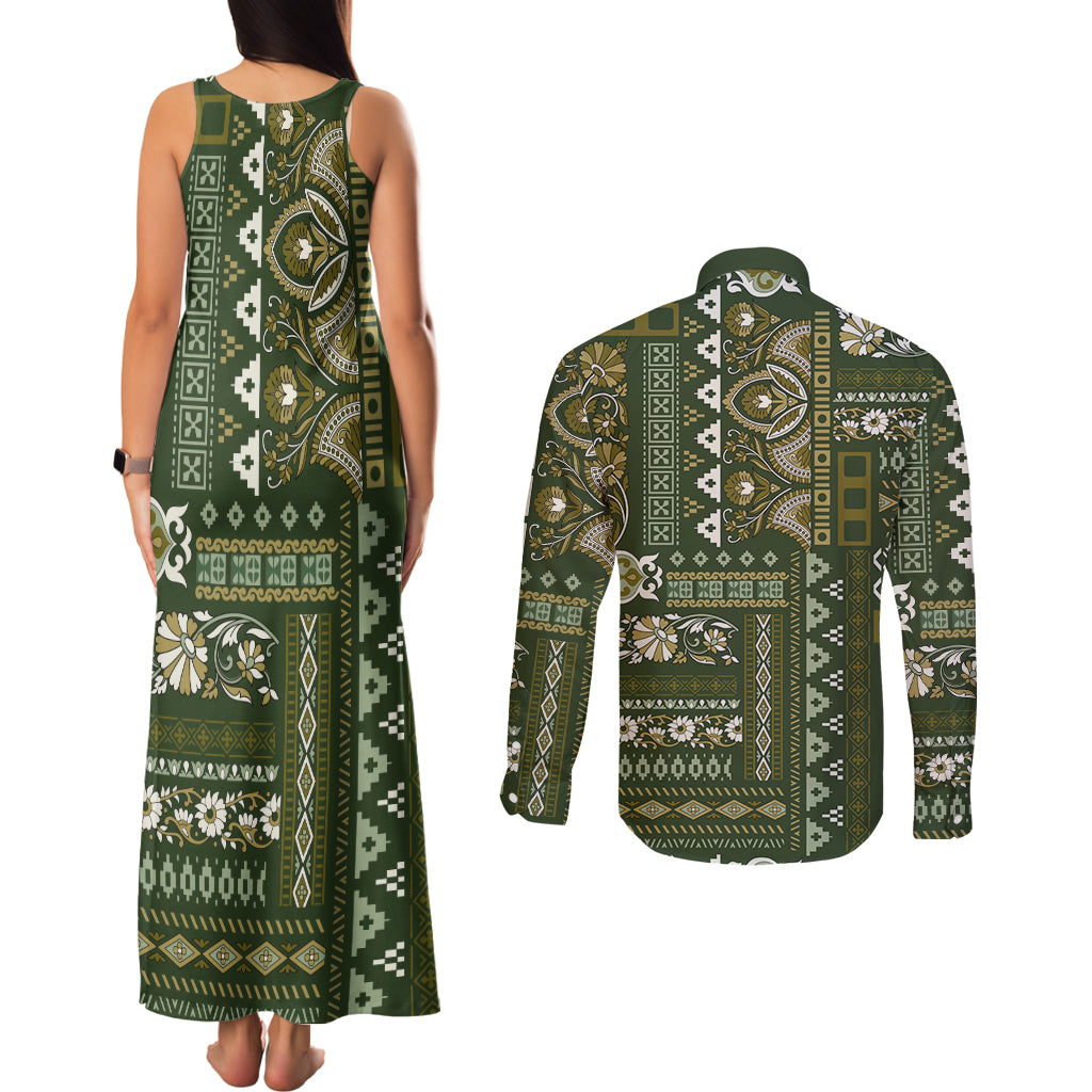 Persian Patchwork Pattern Couples Matching Tank Maxi Dress and Long Sleeve Button Shirt Unique Green - Wonder Print Shop