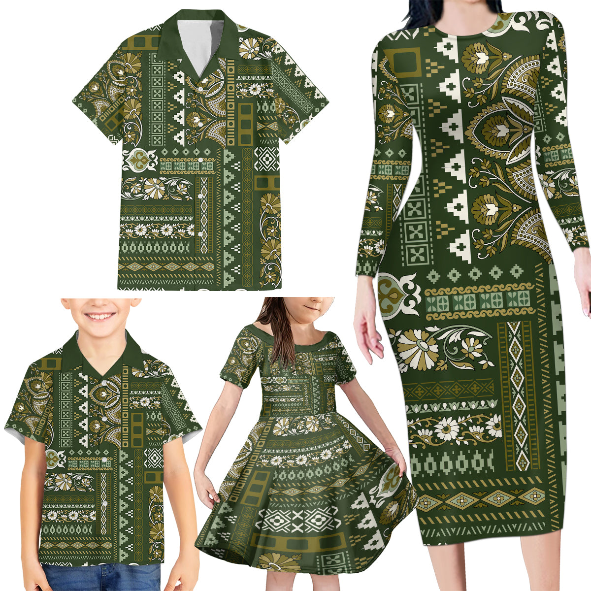 Persian Patchwork Pattern Family Matching Long Sleeve Bodycon Dress and Hawaiian Shirt Unique Green - Wonder Print Shop