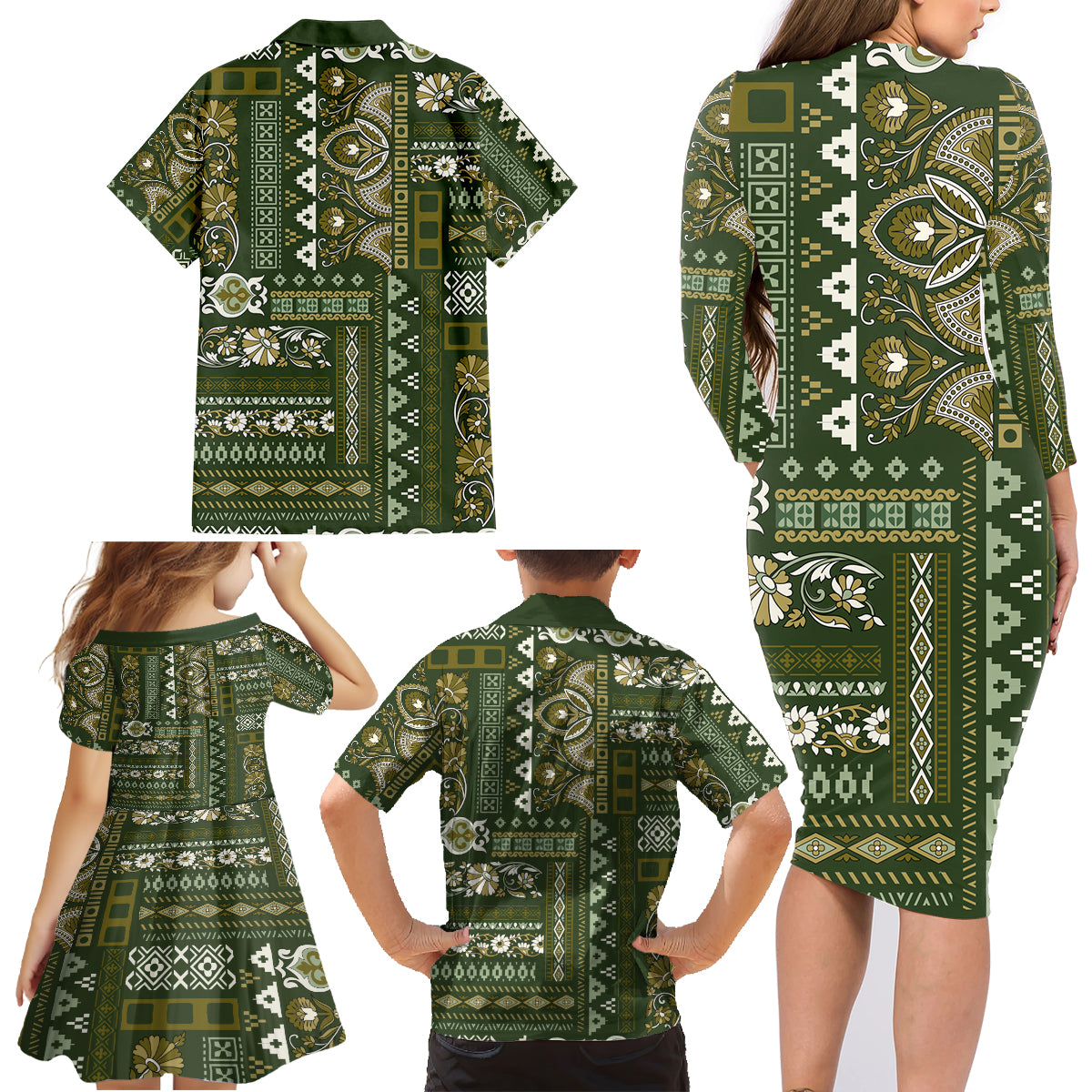 Persian Patchwork Pattern Family Matching Long Sleeve Bodycon Dress and Hawaiian Shirt Unique Green - Wonder Print Shop