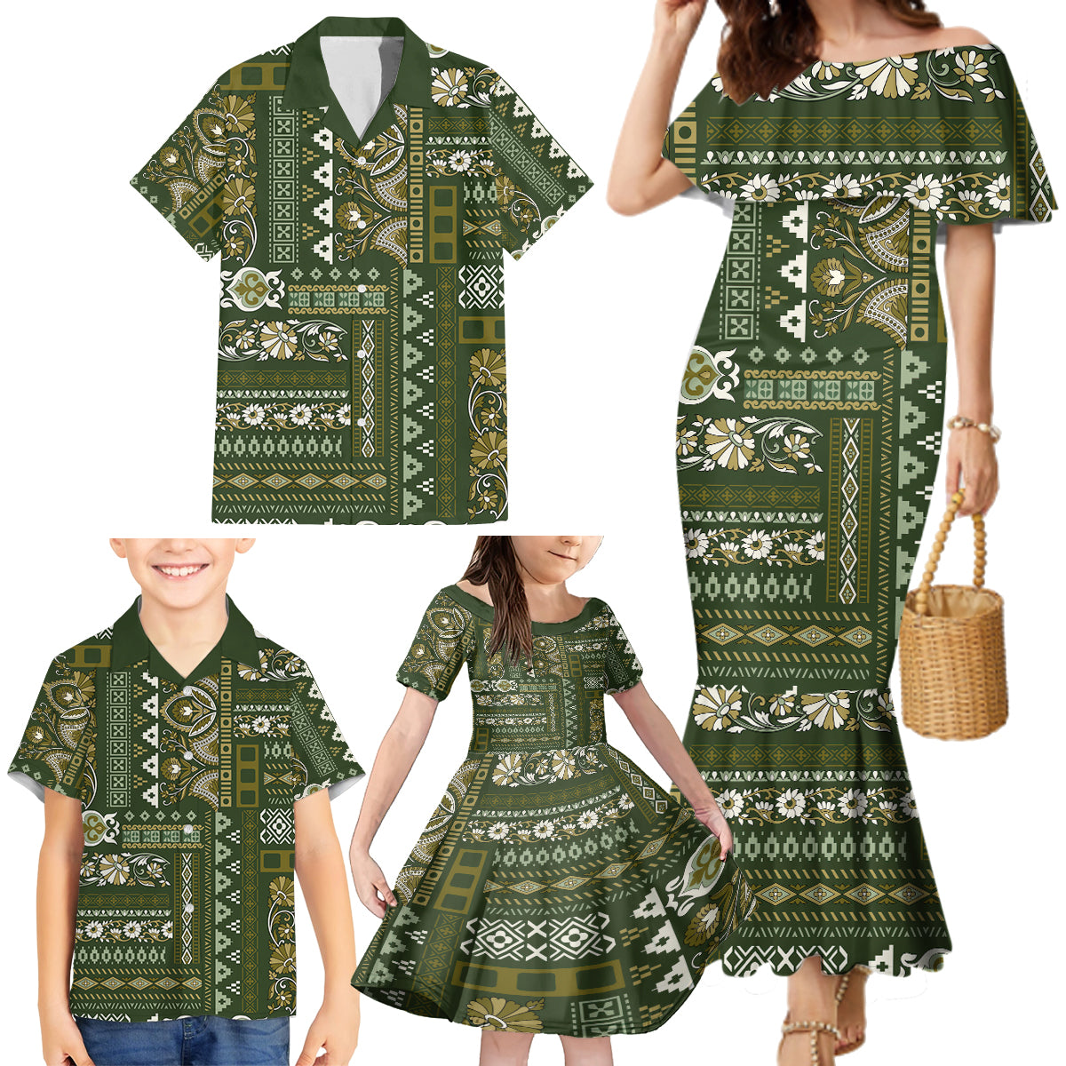 Persian Patchwork Pattern Family Matching Mermaid Dress and Hawaiian Shirt Unique Green - Wonder Print Shop