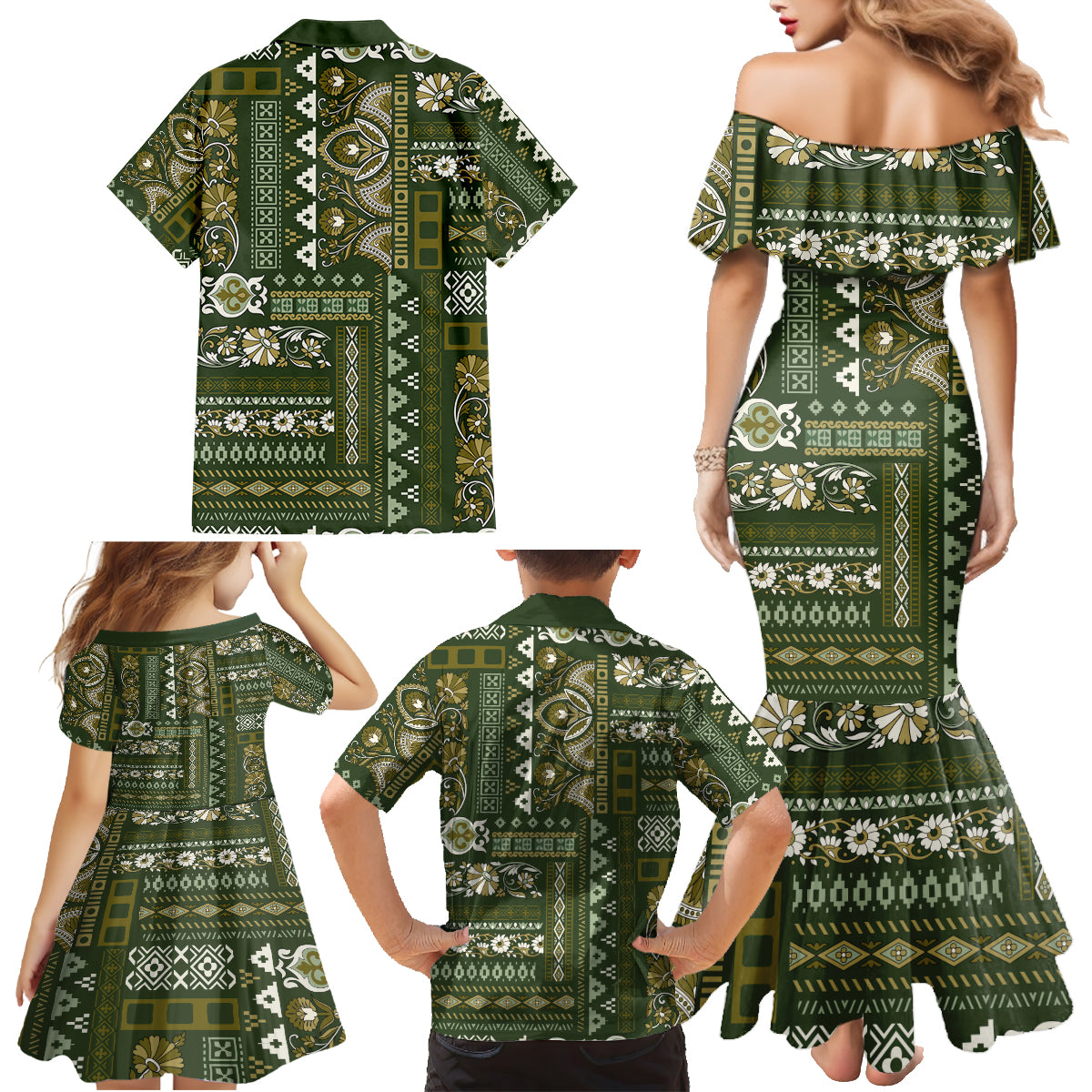 Persian Patchwork Pattern Family Matching Mermaid Dress and Hawaiian Shirt Unique Green - Wonder Print Shop