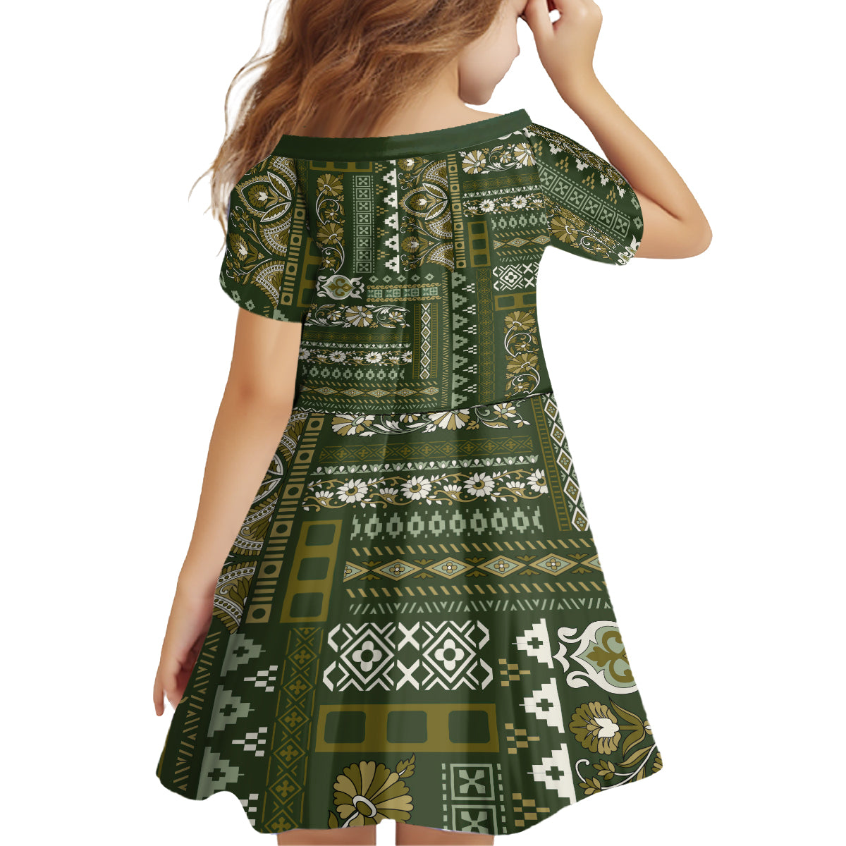Persian Patchwork Pattern Family Matching Off Shoulder Long Sleeve Dress and Hawaiian Shirt Unique Green - Wonder Print Shop
