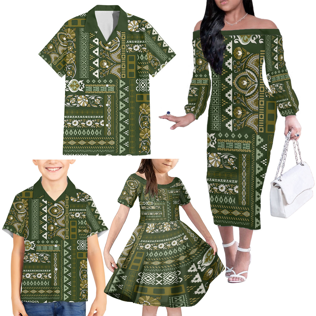 Persian Patchwork Pattern Family Matching Off Shoulder Long Sleeve Dress and Hawaiian Shirt Unique Green - Wonder Print Shop