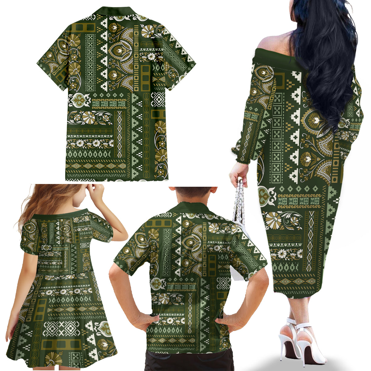 Persian Patchwork Pattern Family Matching Off Shoulder Long Sleeve Dress and Hawaiian Shirt Unique Green - Wonder Print Shop