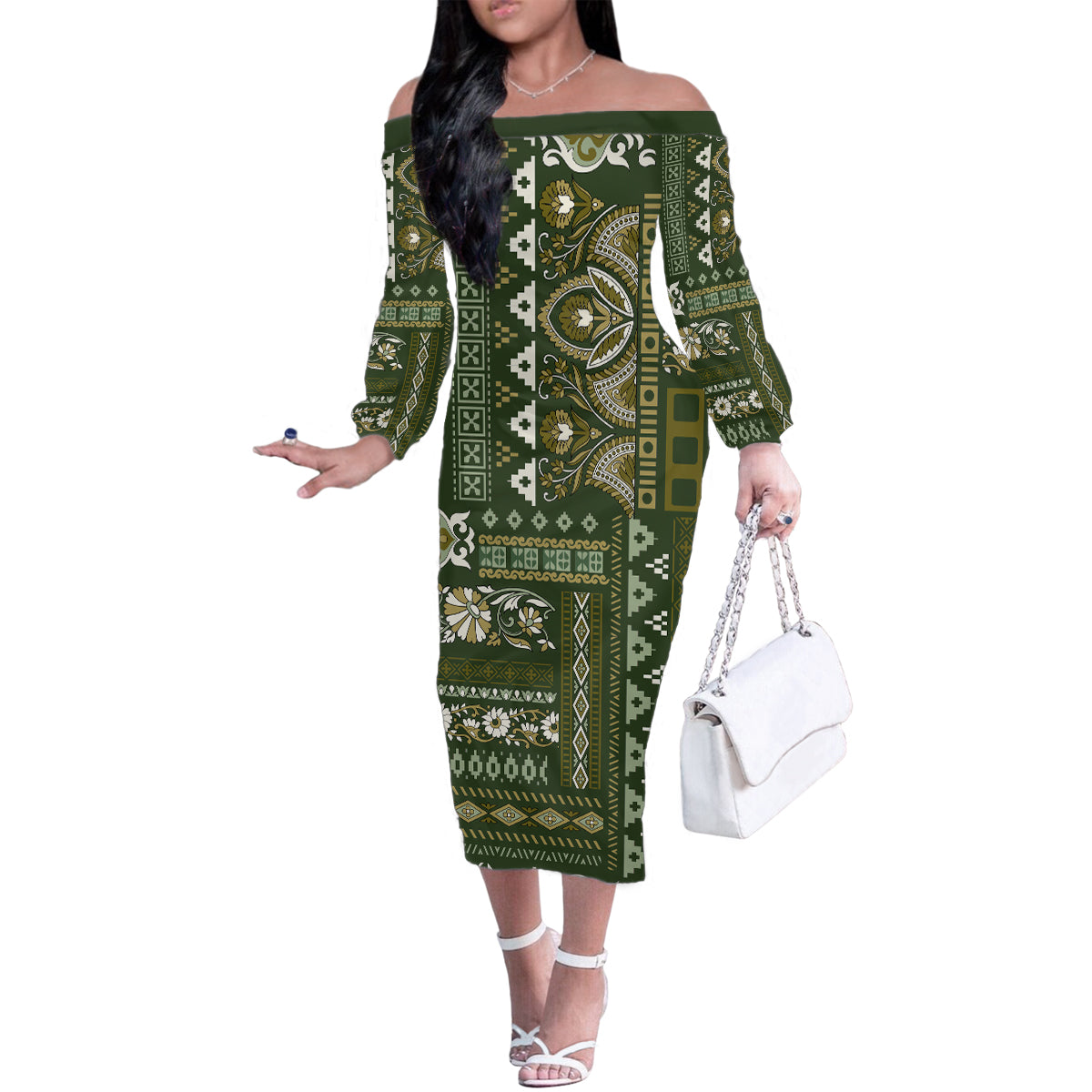Persian Patchwork Pattern Family Matching Off Shoulder Long Sleeve Dress and Hawaiian Shirt Unique Green - Wonder Print Shop