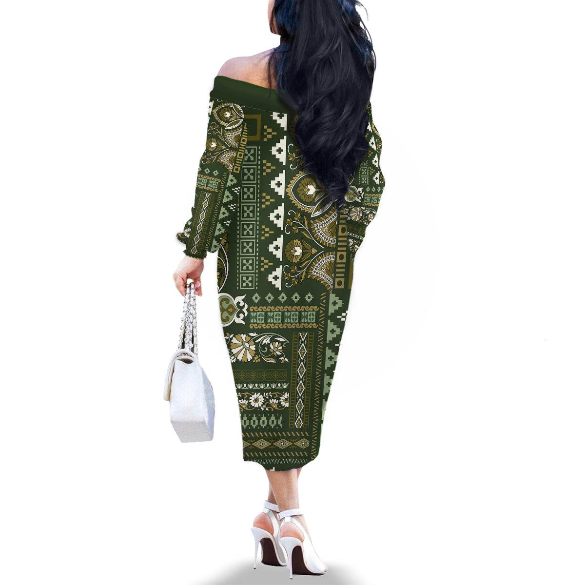Persian Patchwork Pattern Family Matching Off Shoulder Long Sleeve Dress and Hawaiian Shirt Unique Green - Wonder Print Shop