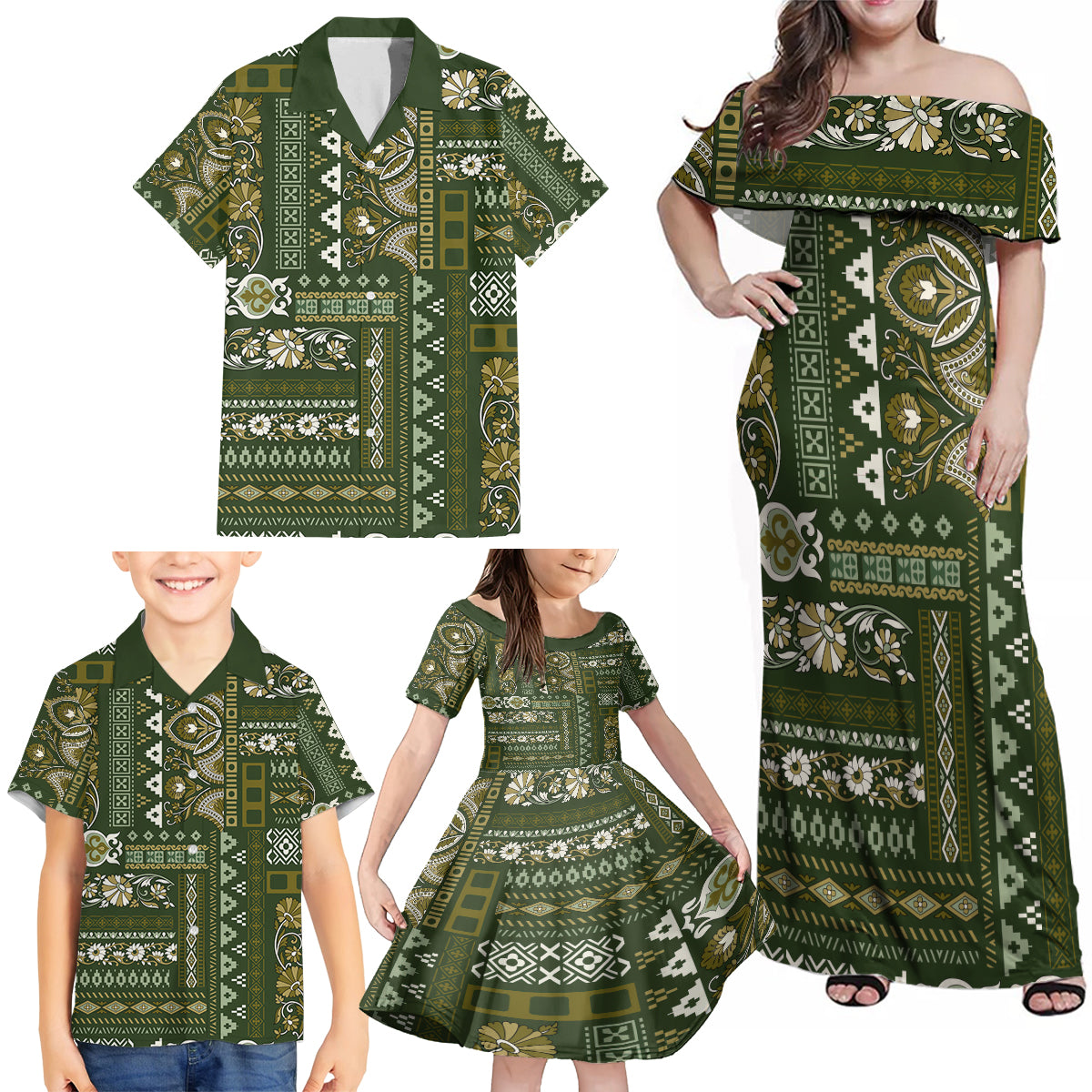 Persian Patchwork Pattern Family Matching Off Shoulder Maxi Dress and Hawaiian Shirt Unique Green - Wonder Print Shop