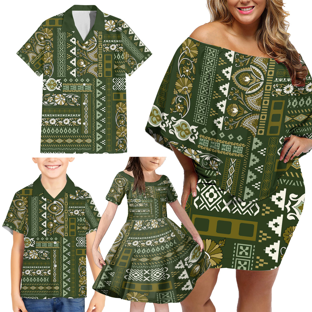 Persian Patchwork Pattern Family Matching Off Shoulder Short Dress and Hawaiian Shirt Unique Green - Wonder Print Shop