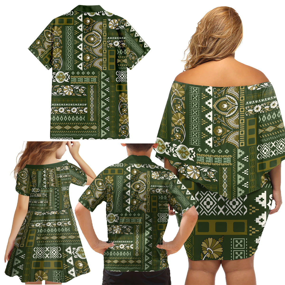 Persian Patchwork Pattern Family Matching Off Shoulder Short Dress and Hawaiian Shirt Unique Green - Wonder Print Shop