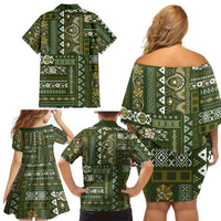 Persian Patchwork Pattern Family Matching Off Shoulder Short Dress and Hawaiian Shirt Unique Green - Wonder Print Shop