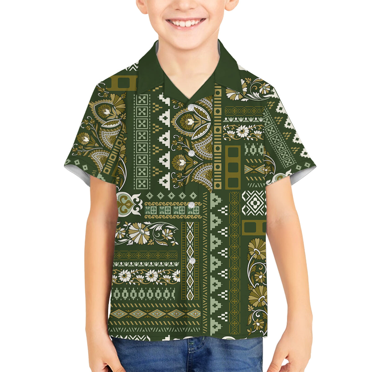 Persian Patchwork Pattern Family Matching Off Shoulder Short Dress and Hawaiian Shirt Unique Green - Wonder Print Shop