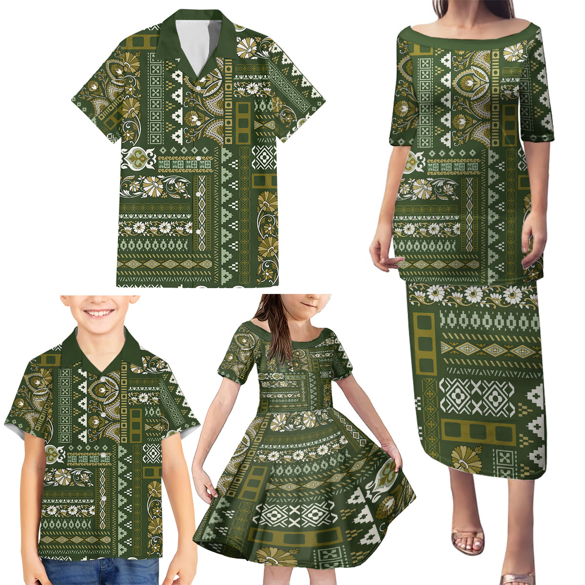 Persian Patchwork Pattern Family Matching Puletasi and Hawaiian Shirt Unique Green - Wonder Print Shop