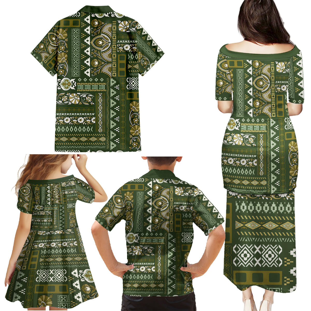 Persian Patchwork Pattern Family Matching Puletasi and Hawaiian Shirt Unique Green - Wonder Print Shop