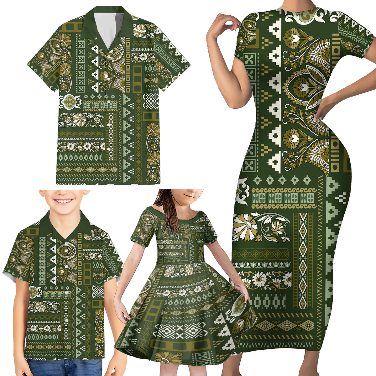 Persian Patchwork Pattern Family Matching Short Sleeve Bodycon Dress and Hawaiian Shirt Unique Green - Wonder Print Shop