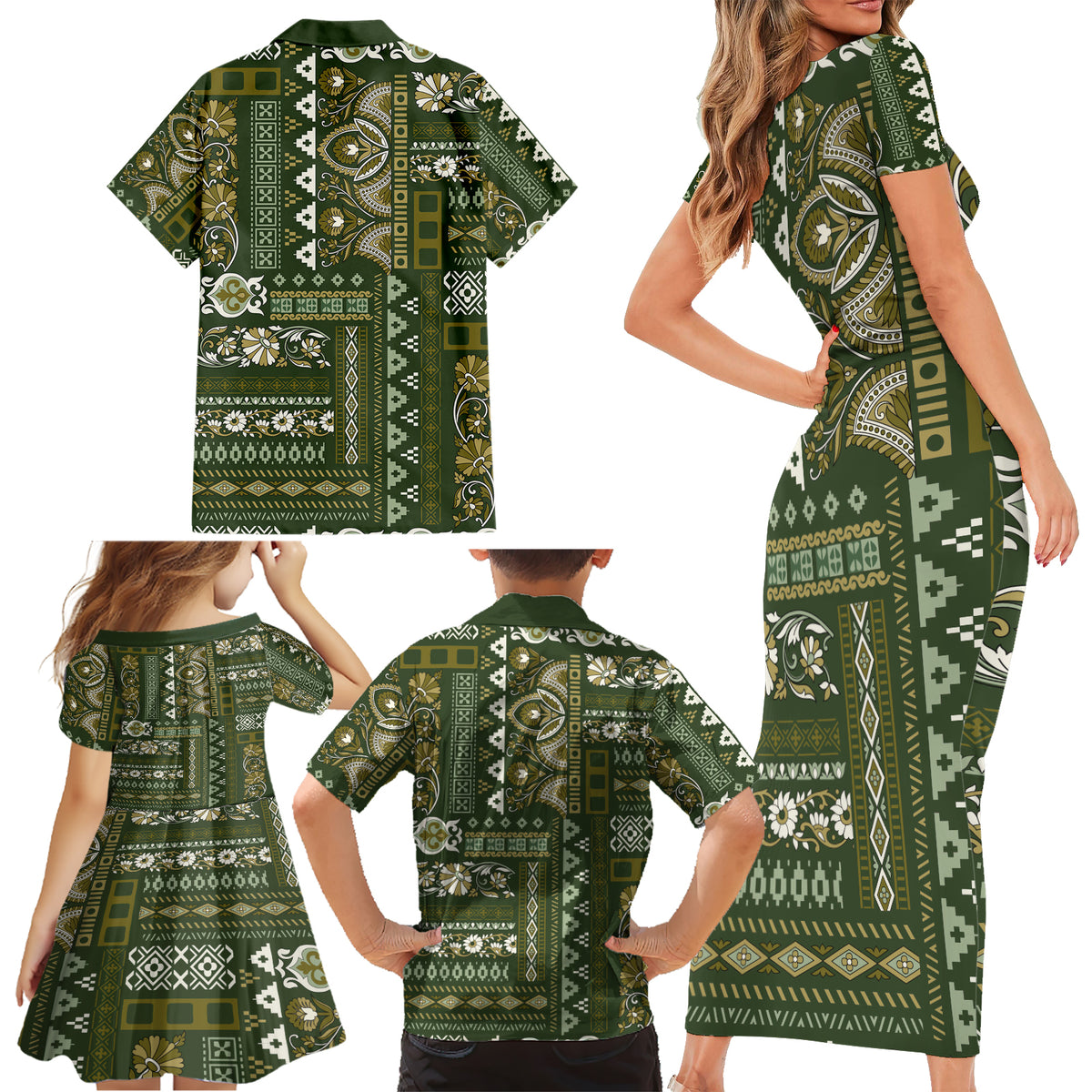 Persian Patchwork Pattern Family Matching Short Sleeve Bodycon Dress and Hawaiian Shirt Unique Green - Wonder Print Shop