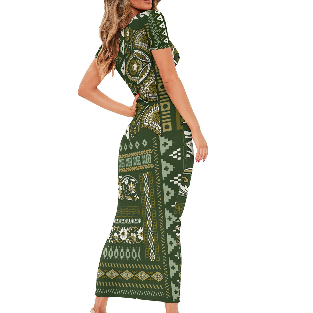 Persian Patchwork Pattern Family Matching Short Sleeve Bodycon Dress and Hawaiian Shirt Unique Green - Wonder Print Shop