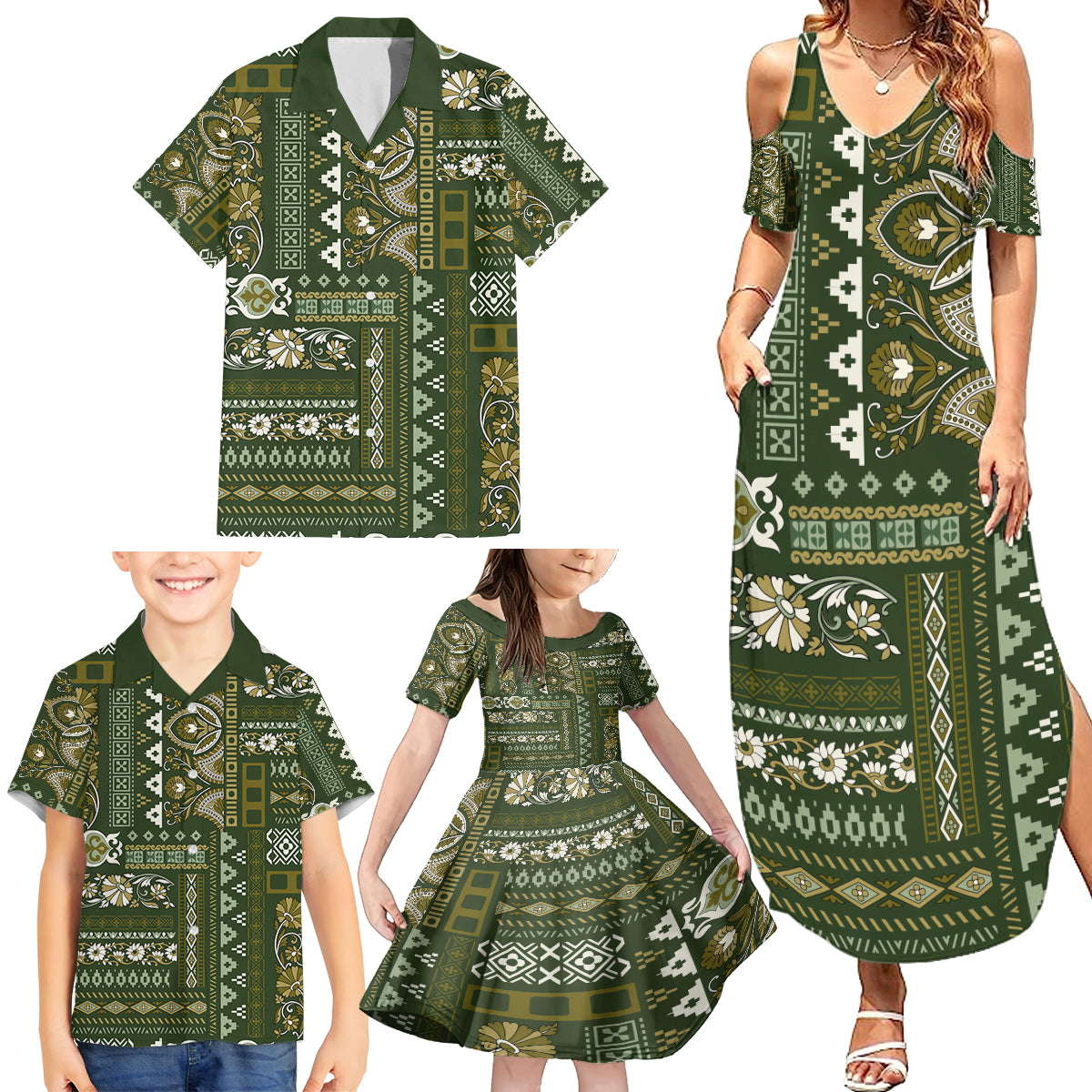 Persian Patchwork Pattern Family Matching Summer Maxi Dress and Hawaiian Shirt Unique Green - Wonder Print Shop