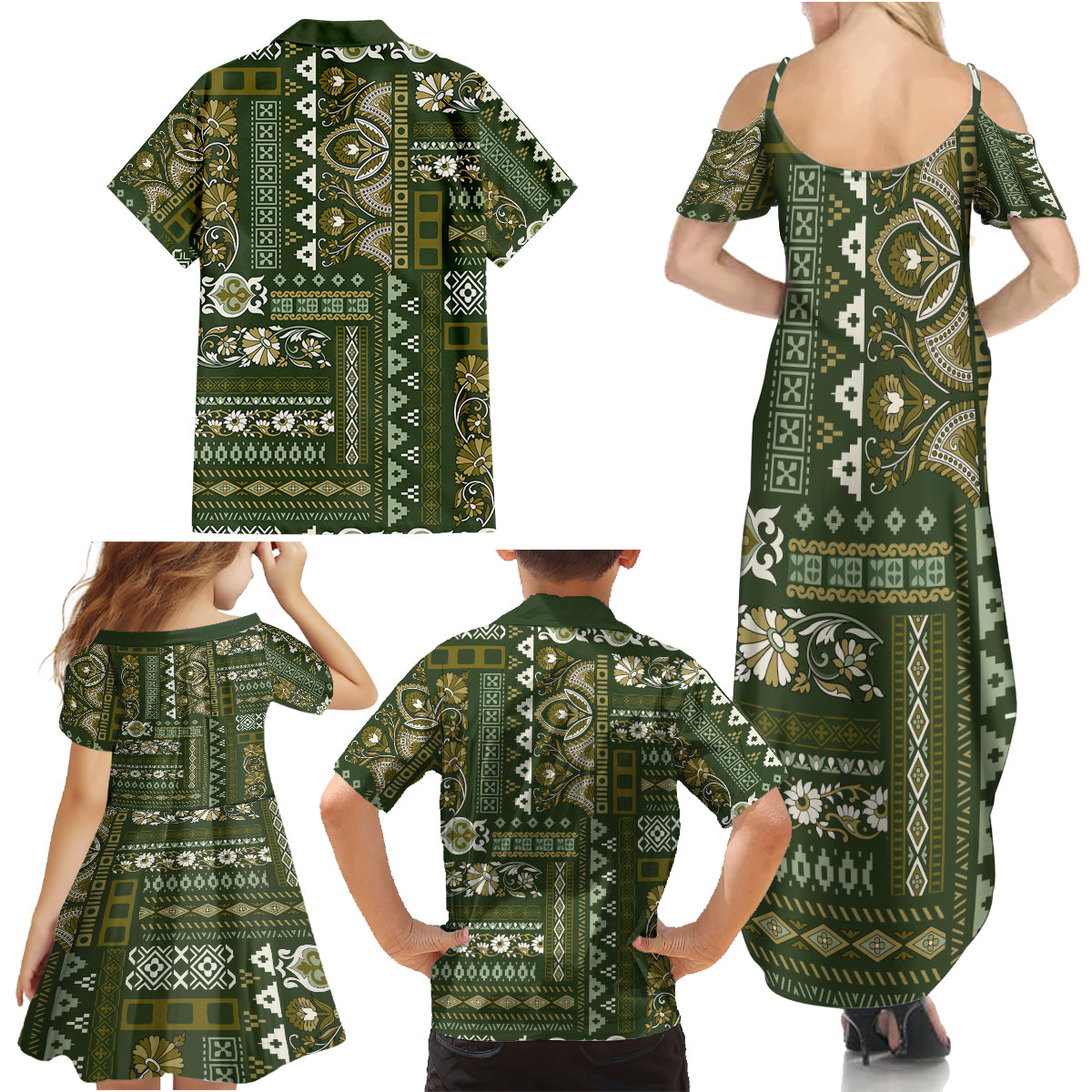Persian Patchwork Pattern Family Matching Summer Maxi Dress and Hawaiian Shirt Unique Green - Wonder Print Shop