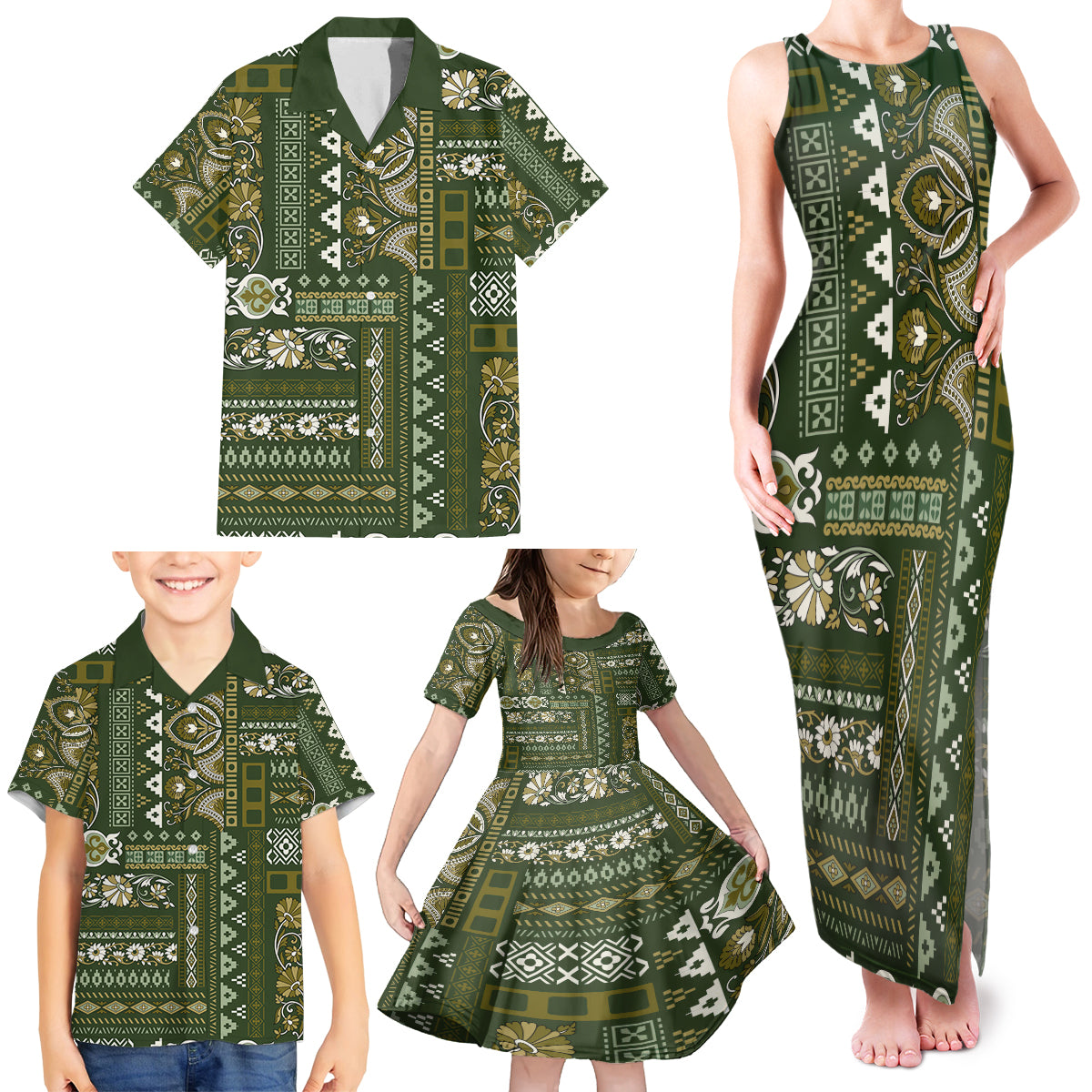 Persian Patchwork Pattern Family Matching Tank Maxi Dress and Hawaiian Shirt Unique Green - Wonder Print Shop