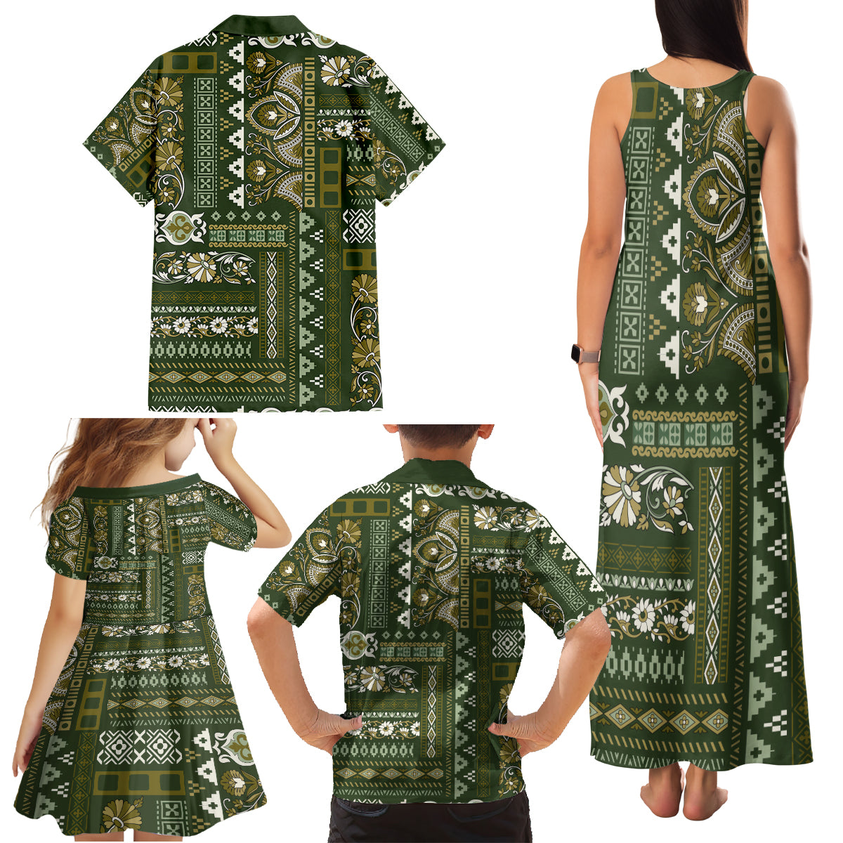 Persian Patchwork Pattern Family Matching Tank Maxi Dress and Hawaiian Shirt Unique Green - Wonder Print Shop